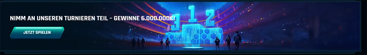 German casino tournament promotion banner inviting players to participate in tournaments and win up to €6,000,000, featuring a futuristic stage with podium numbers and a “Jetzt spielen” (Play Now) button.